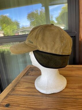 Vintage Filson Insulated Tin Cloth Cap USA Made Green Waxed Cotton Wool Lined
